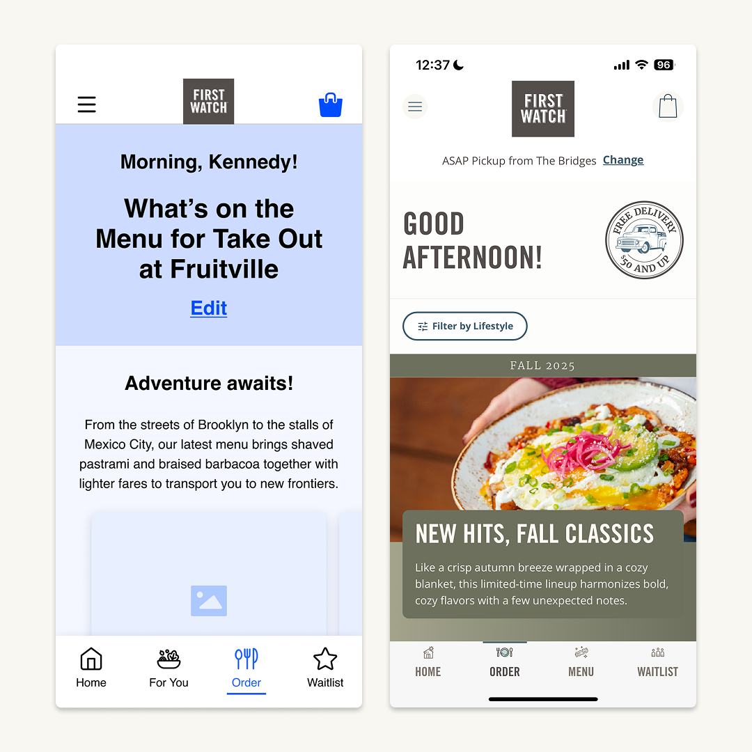 First Watch homepage wireframe and final design.