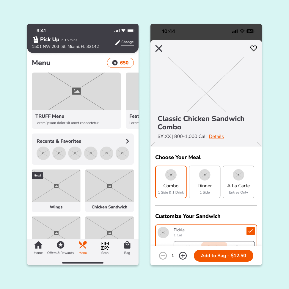 Popeyes app wireframes.